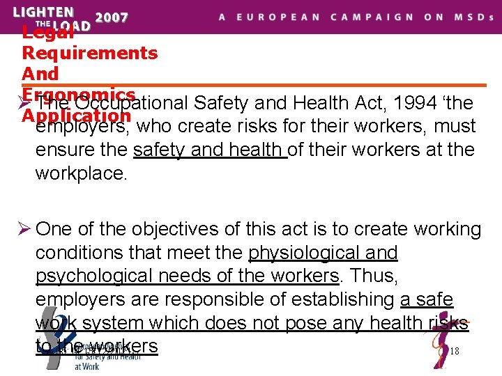 Legal Requirements And Ergonomics Ø The Occupational Safety and Health Act, 1994 ‘the Application