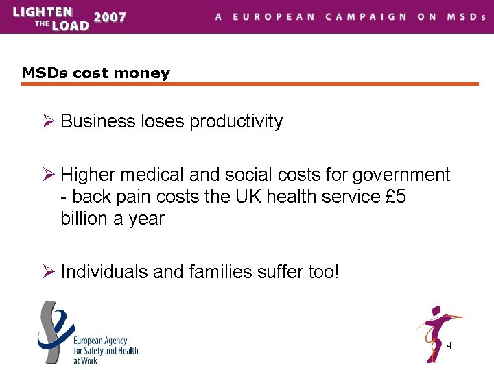 MSDs cost money Ø Business loses productivity Ø Higher medical and social costs for