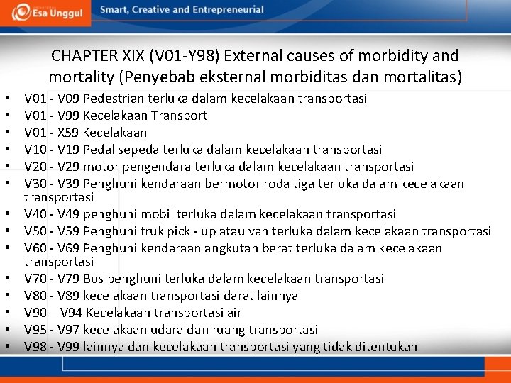 CHAPTER XIX (V 01 -Y 98) External causes of morbidity and mortality (Penyebab eksternal