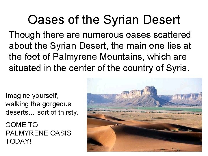 Oases of the Syrian Desert Though there are numerous oases scattered about the Syrian