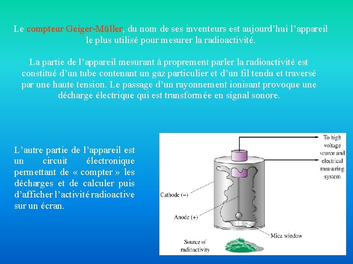 Le compteur Geiger-Müller, du nom de ses inventeurs est aujourd’hui l’appareil le plus utilisé