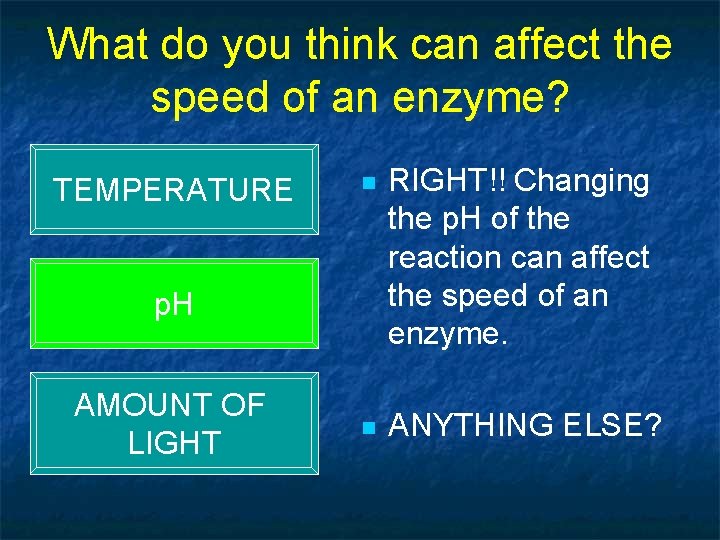 What do you think can affect the speed of an enzyme? TEMPERATURE n RIGHT!!