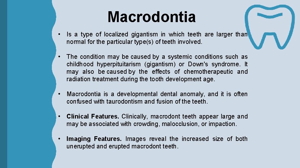 Macrodontia • Is a type of localized gigantism in which teeth are larger than