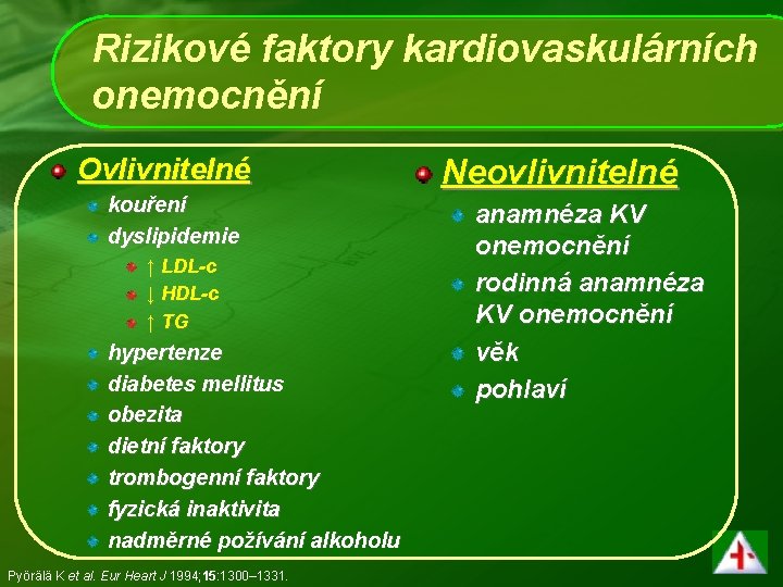 Rizikové faktory kardiovaskulárních onemocnění Ovlivnitelné kouření dyslipidemie ↑ LDL-c ↓ HDL-c ↑ TG hypertenze