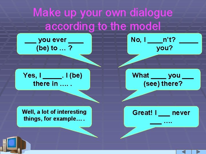 Make up your own dialogue according to the model ___ you ever ____ (be)