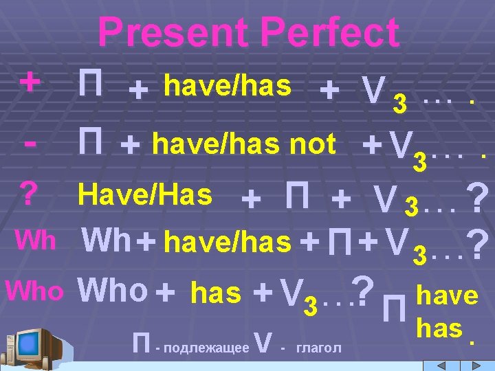 Present Perfect + П + have/has + - П + have/has not V 3