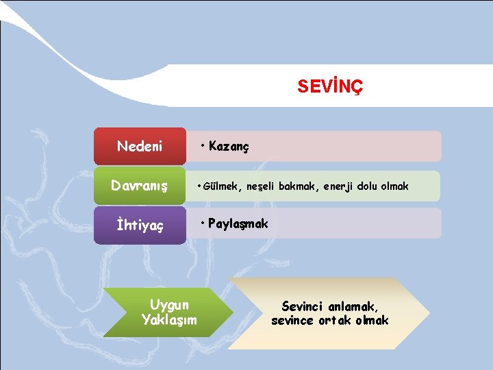 SEVİNÇ Nedeni Davranış • Kazanç • Gülmek, neşeli bakmak, enerji dolu olmak İhtiyaç Uygun