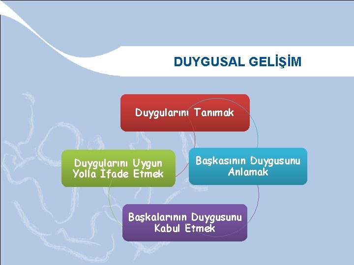 DUYGUSAL GELİŞİM Duygularını Tanımak Duygularını Uygun Yolla İfade Etmek Başkasının Duygusunu Anlamak Başkalarının Duygusunu