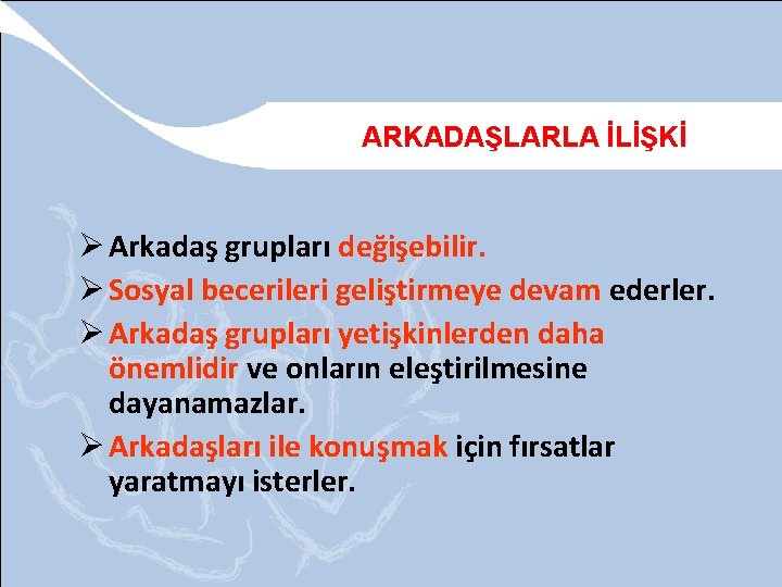 ARKADAŞLARLA İLİŞKİ Ø Arkadaş grupları değişebilir. Ø Sosyal becerileri geliştirmeye devam ederler. Ø Arkadaş