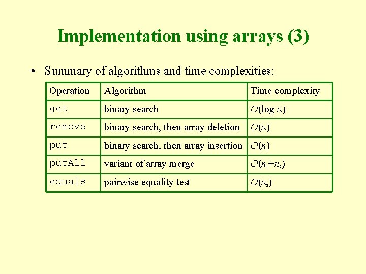 Implementation using arrays (3) • Summary of algorithms and time complexities: Operation Algorithm Time