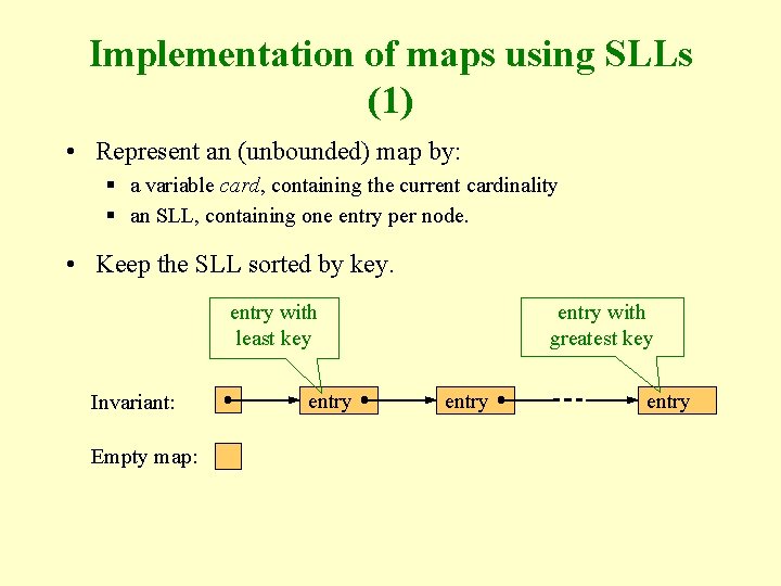 Implementation of maps using SLLs (1) • Represent an (unbounded) map by: § a