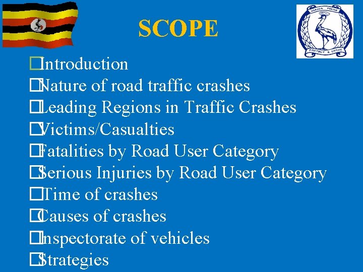 SCOPE �Introduction �Nature of road traffic crashes �Leading Regions in Traffic Crashes �Victims/Casualties �Fatalities
