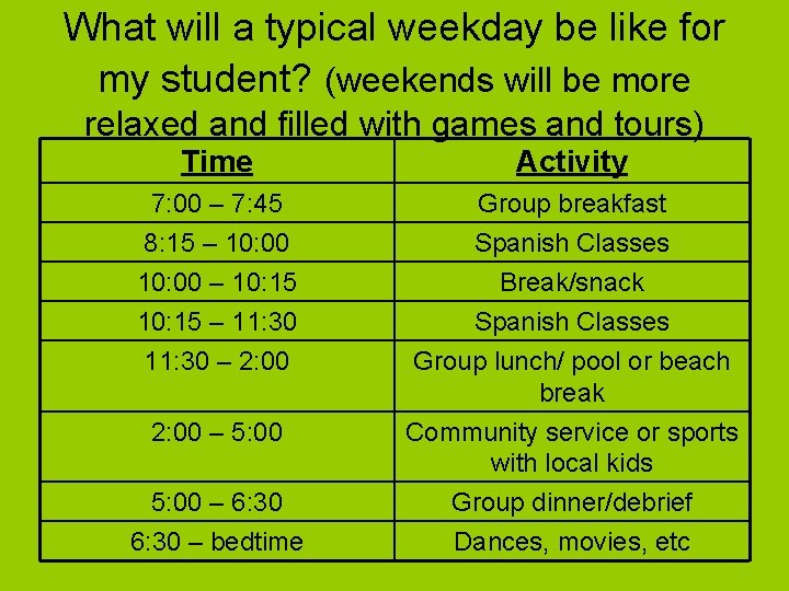 What will a typical weekday be like for my student? (weekends will be more