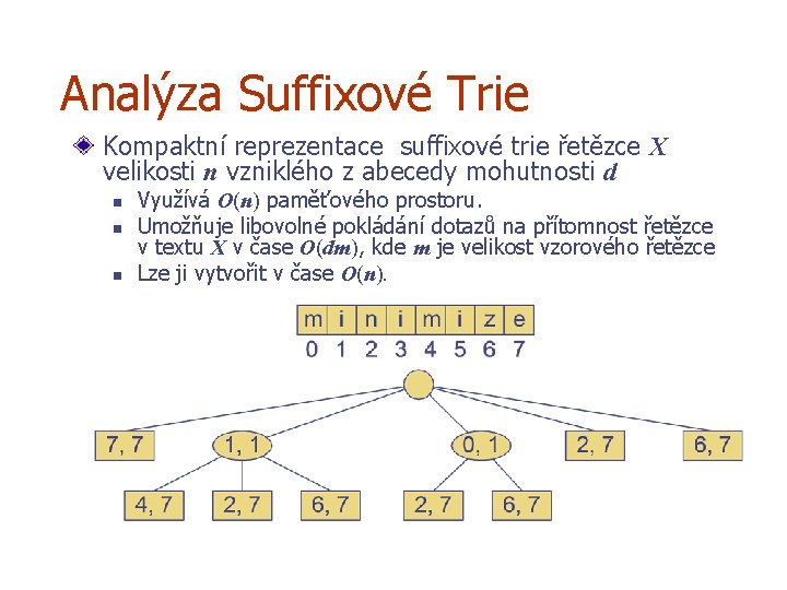 Analýza Suffixové Trie Kompaktní reprezentace suffixové trie řetězce X velikosti n vzniklého z abecedy