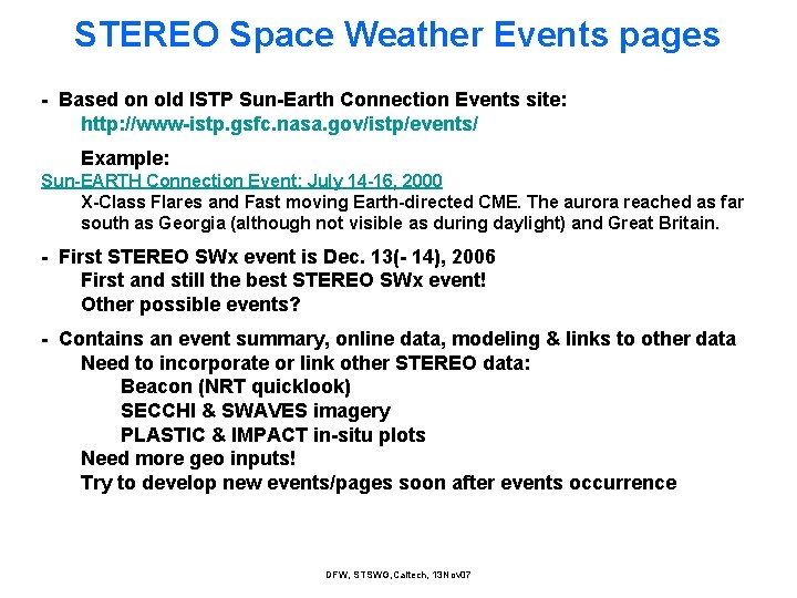 STEREO Space Weather Events pages - Based on old ISTP Sun-Earth Connection Events site: