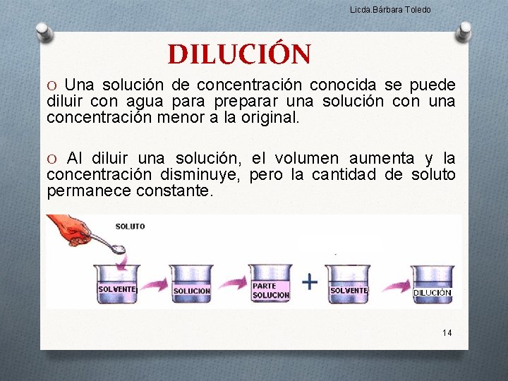 Licda. Bárbara Toledo DILUCIÓN O Una solución de concentración conocida se puede diluir con