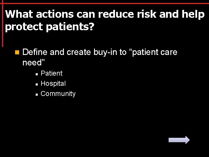 What actions can reduce risk and help protect patients? n Define and create buy-in
