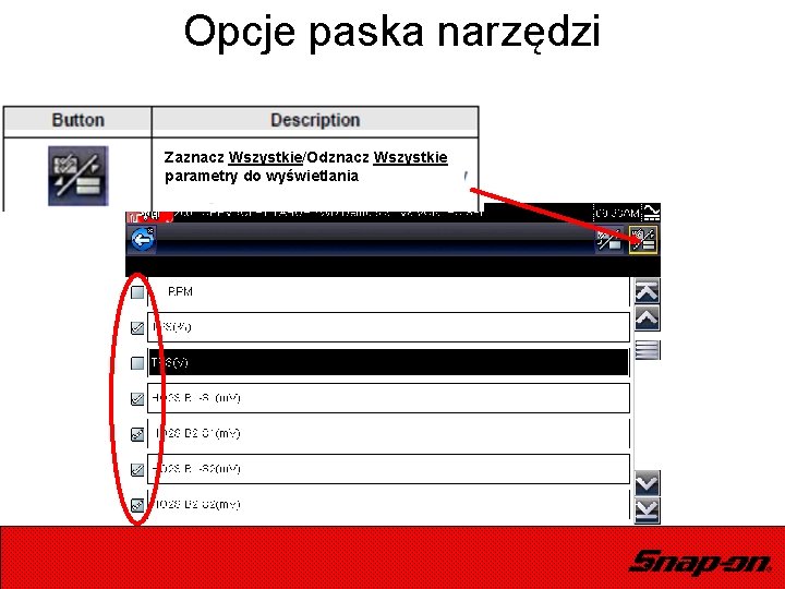 Opcje paska narzędzi Zaznacz Wszystkie/Odznacz Wszystkie parametry do wyświetlania 