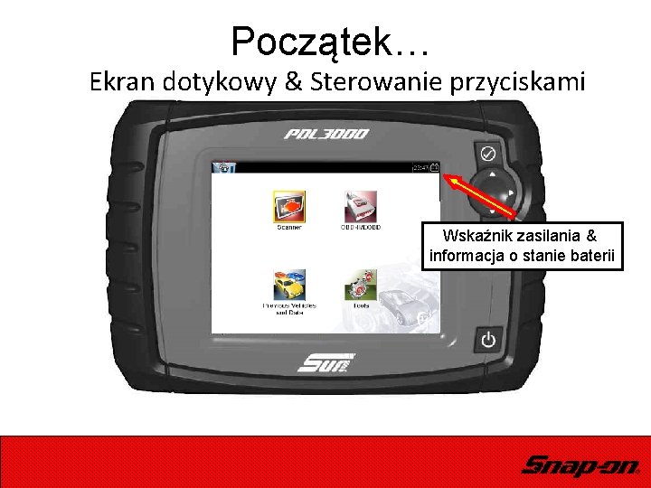 Początek… Ekran dotykowy & Sterowanie przyciskami Wskaźnik zasilania & informacja o stanie baterii 