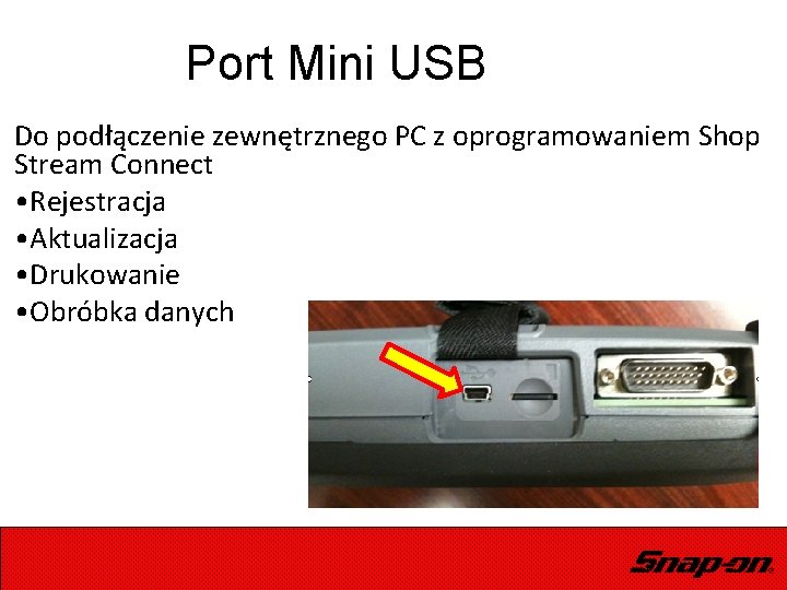 Port Mini USB Do podłączenie zewnętrznego PC z oprogramowaniem Shop Stream Connect • Rejestracja