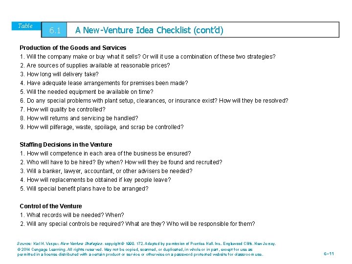 Table 6. 1 A New-Venture Idea Checklist (cont’d) Production of the Goods and Services