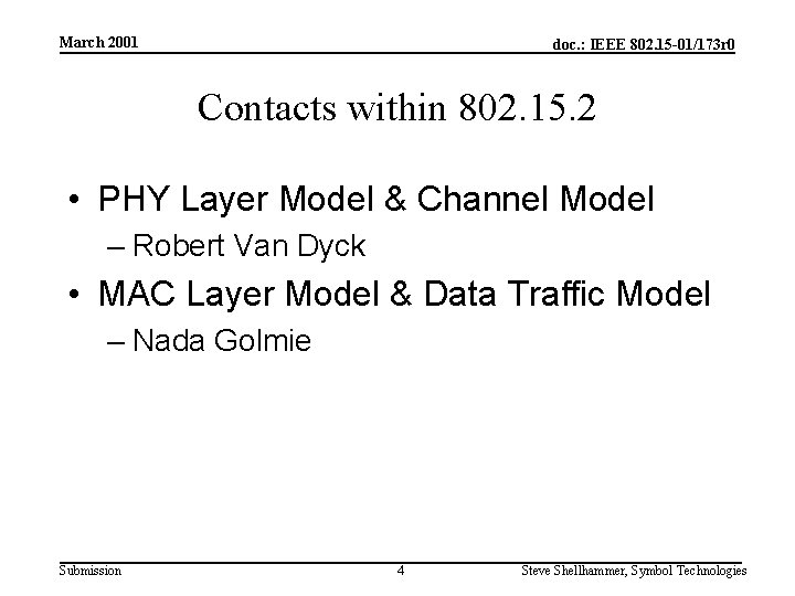 March 2001 doc. : IEEE 802. 15 -01/173 r 0 Contacts within 802. 15.