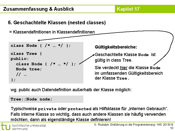 Zusammenfassung & Ausblick Kapitel 17 6. Geschachtelte Klassen (nested classes) = Klassendefinitionen in Klassendefinitionen