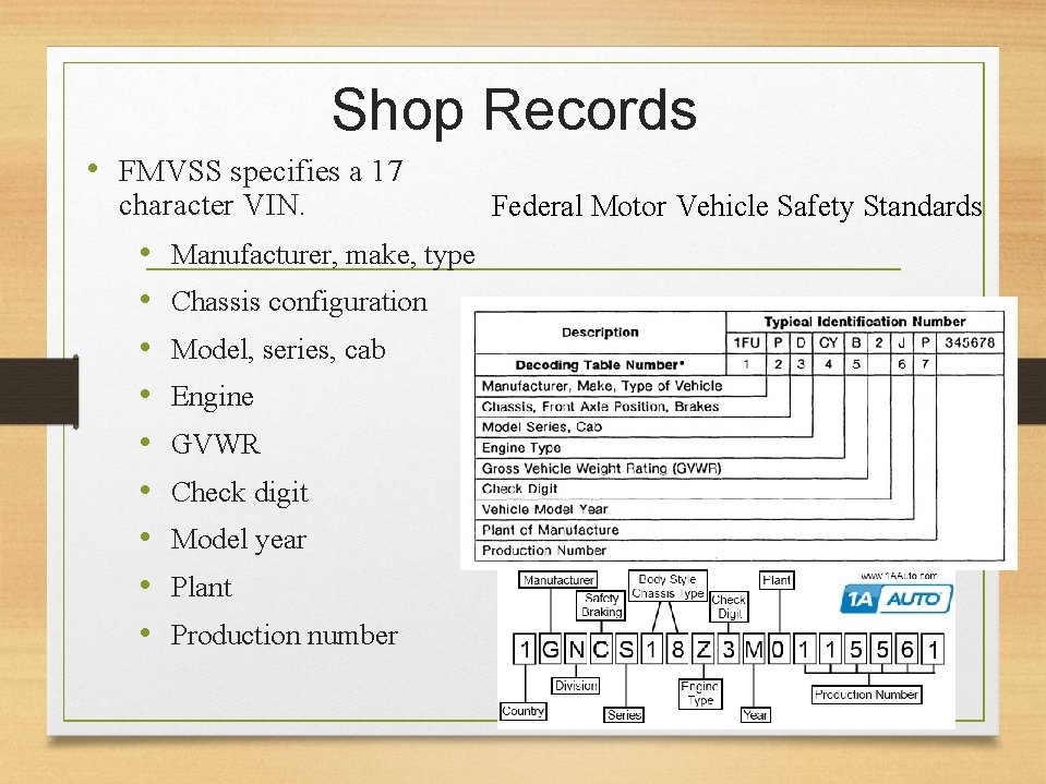 Shop Records • FMVSS specifies a 17 character VIN. • • • Manufacturer, make,