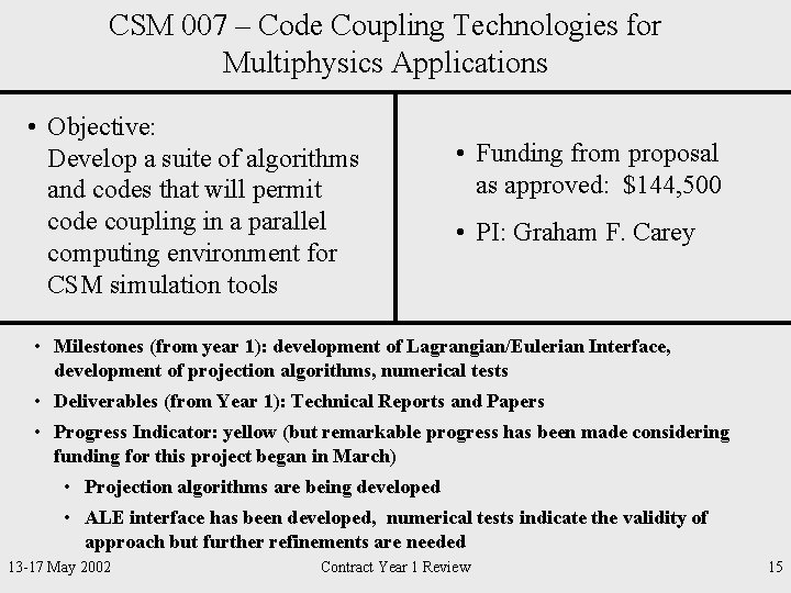 CSM 007 – Code Coupling Technologies for Multiphysics Applications • Objective: Develop a suite