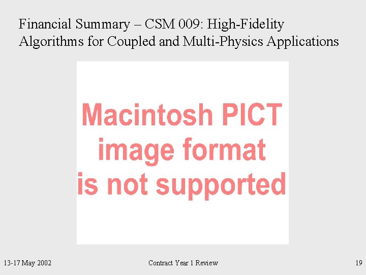 Financial Summary – CSM 009: High-Fidelity Algorithms for Coupled and Multi-Physics Applications 13 -17