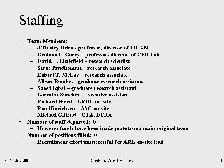 Staffing • • • Team Members: – J Tinsley Oden - professor, director of