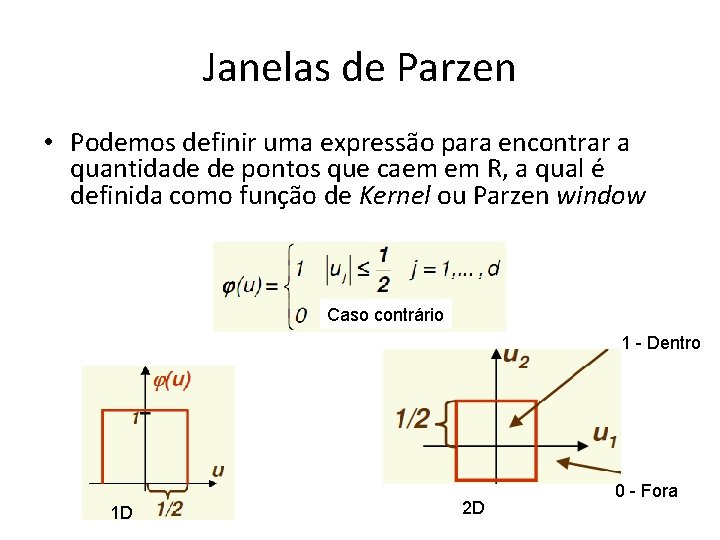 Janelas de Parzen • Podemos definir uma expressão para encontrar a quantidade de pontos