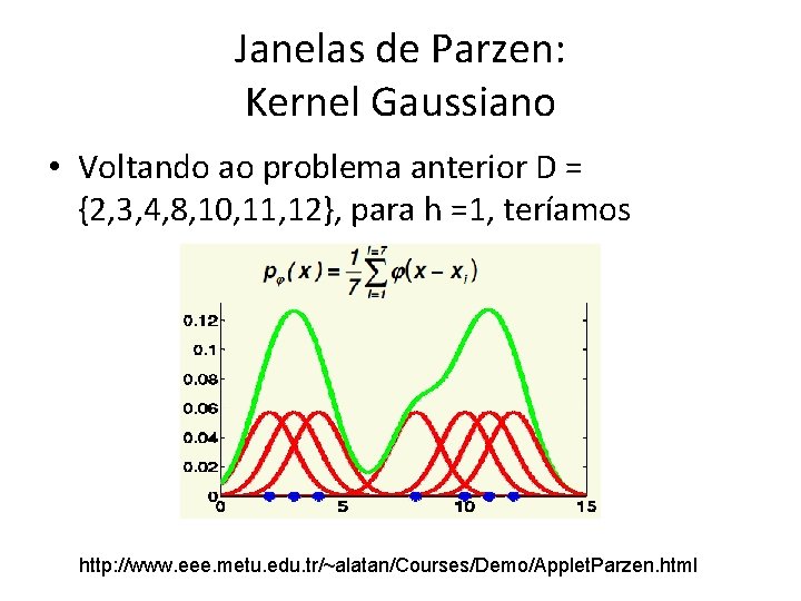 Janelas de Parzen: Kernel Gaussiano • Voltando ao problema anterior D = {2, 3,