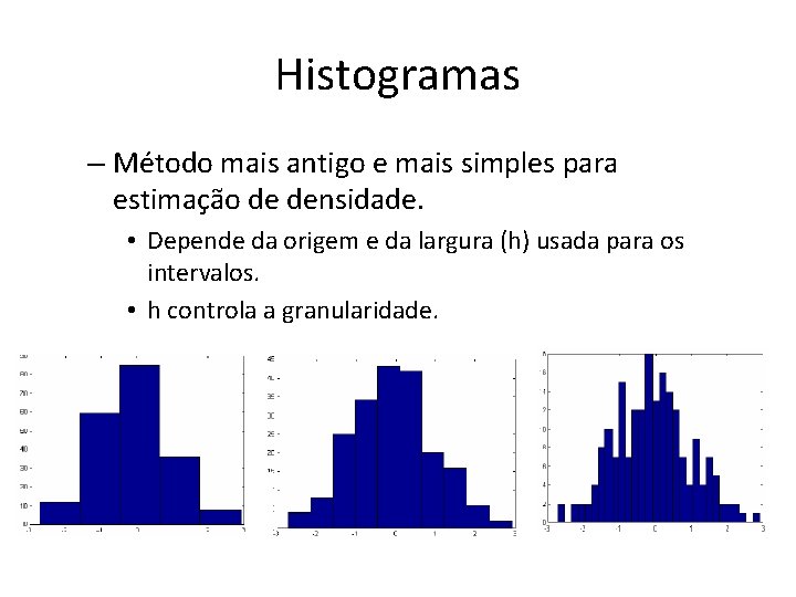 Histogramas – Método mais antigo e mais simples para estimação de densidade. • Depende