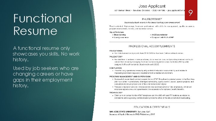 Functional Resume A functional resume only showcases you skills. No work history. Used by