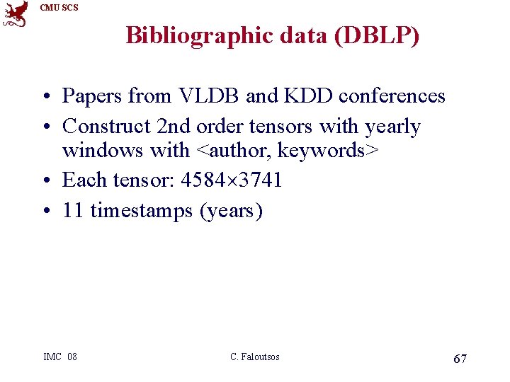 CMU SCS Bibliographic data (DBLP) • Papers from VLDB and KDD conferences • Construct