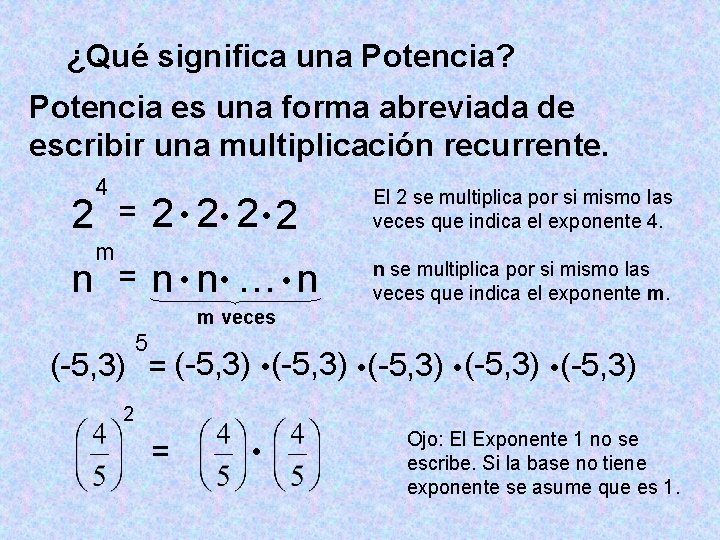 ¿Qué significa una Potencia? Potencia es una forma abreviada de escribir una multiplicación recurrente.