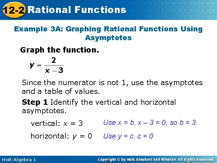 12 -2 Rational Functions Example 3 A: Graphing Rational Functions Using Asymptotes Graph the