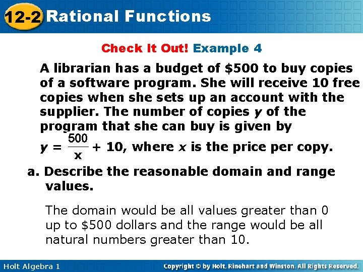 12 -2 Rational Functions Check It Out! Example 4 A librarian has a budget