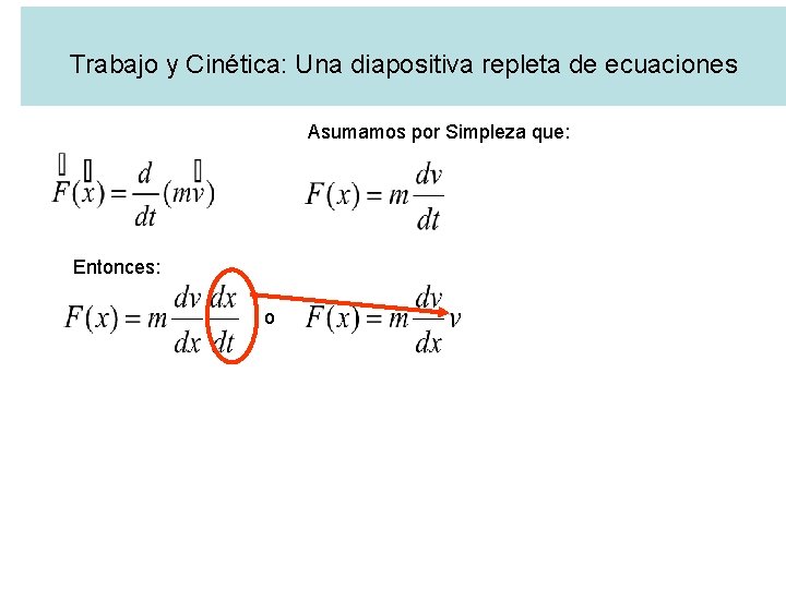 Trabajo y Cinética: Una diapositiva repleta de ecuaciones Asumamos por Simpleza que: Entonces: o