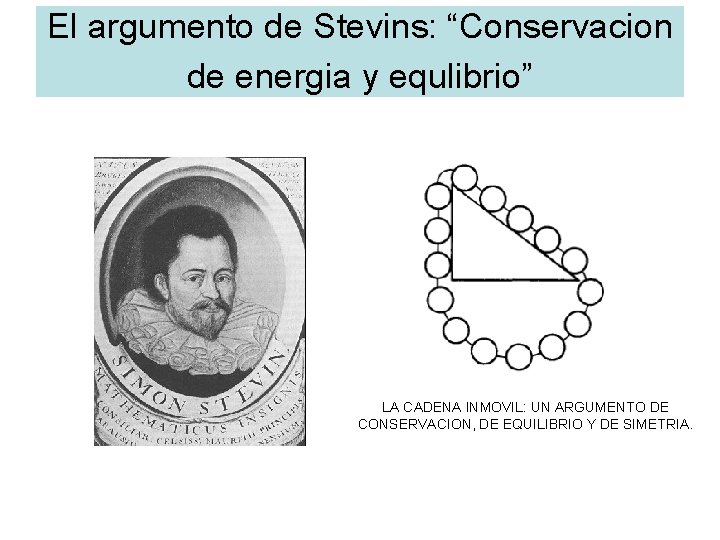 El argumento de Stevins: “Conservacion de energia y equlibrio” LA CADENA INMOVIL: UN ARGUMENTO