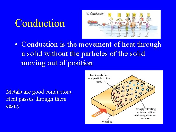 Conduction • Conduction is the movement of heat through a solid without the particles