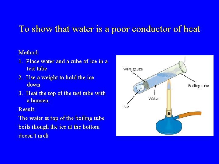 To show that water is a poor conductor of heat Method: 1. Place water