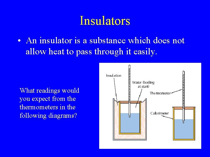 Insulators • An insulator is a substance which does not allow heat to pass