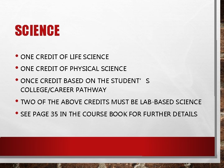SCIENCE • ONE CREDIT OF LIFE SCIENCE • ONE CREDIT OF PHYSICAL SCIENCE •