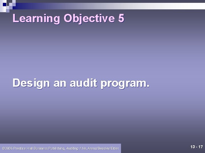 Learning Objective 5 Design an audit program. © 2006 Prentice Hall Business Publishing, Auditing