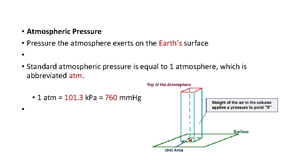  • Atmospheric Pressure • Pressure the atmosphere exerts on the Earth’s surface •