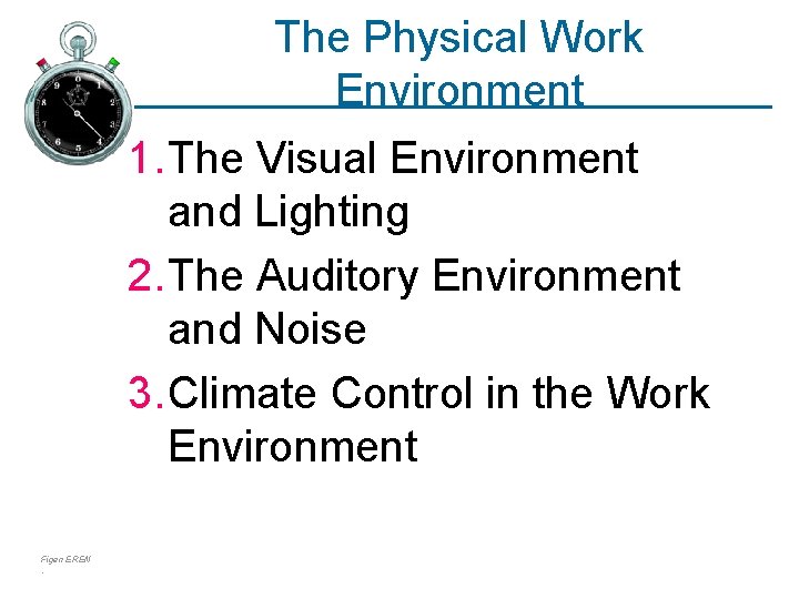 The Physical Work Environment 1. The Visual Environment and Lighting 2. The Auditory Environment