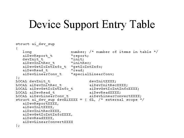 Device Support Entry Table struct ai_dev_sup { long number; /* number of items in