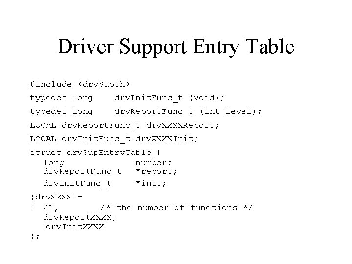 Driver Support Entry Table #include <drv. Sup. h> typedef long drv. Init. Func_t (void);
